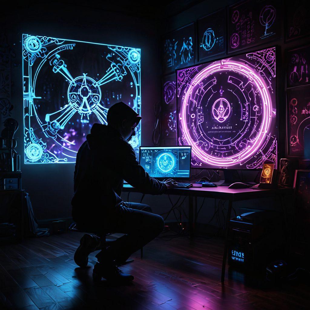 A mysterious, dimly-lit room with a person hunched over a glowing computer screen, surrounded by virtual shadows and symbols representing the dark web. In the background, a vibrant, action-packed scene of a multiplayer game is depicted, with characters in combat and digital landscapes blending seamlessly with the shadows. super-realistic. vibrant neon colors. dark ambiance.
