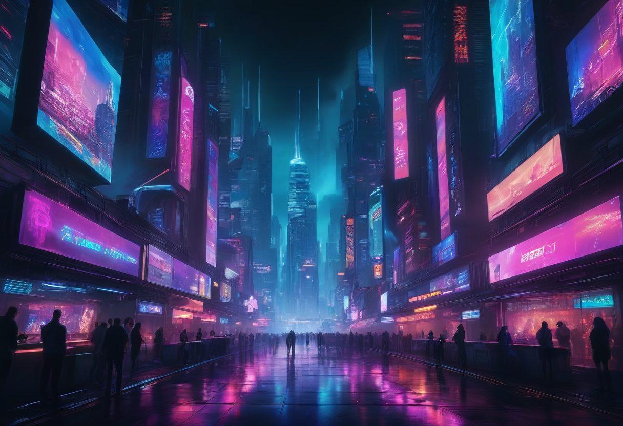 A mysterious, neon-lit cyberpunk cityscape with shadows of competitive e-sports gamers playing in high-tech gaming arenas, surrounded by futuristic holographic screens displaying live stats, intense energy, and team dynamics. Neon lights reflecting on the dark, slick streets beneath, illustrating the intensity and community spirit of competitive gaming. cyberpunk. vibrant colors. futuristic.